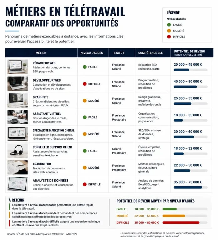 Infographie comparative des métiers en télétravail : salaire, diplôme et flexibilité