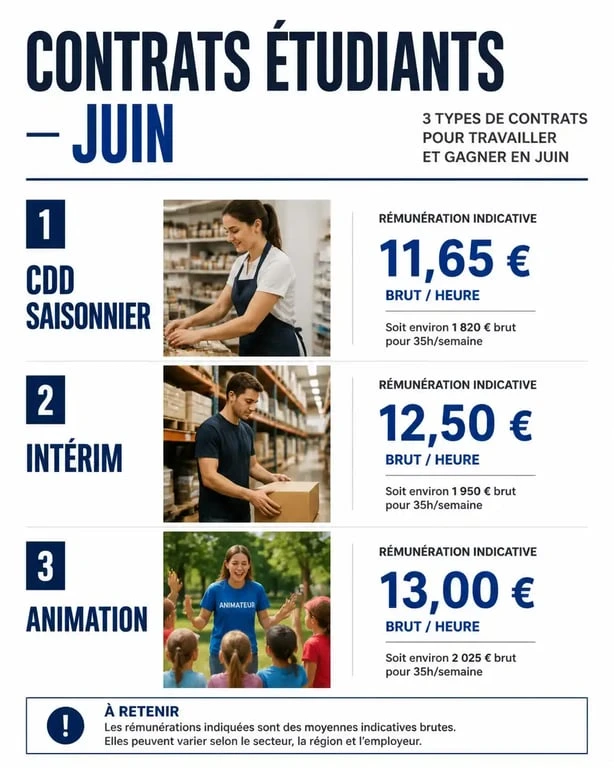 Infographie récapitulative des types de contrats pour un job étudiant en juin 2025