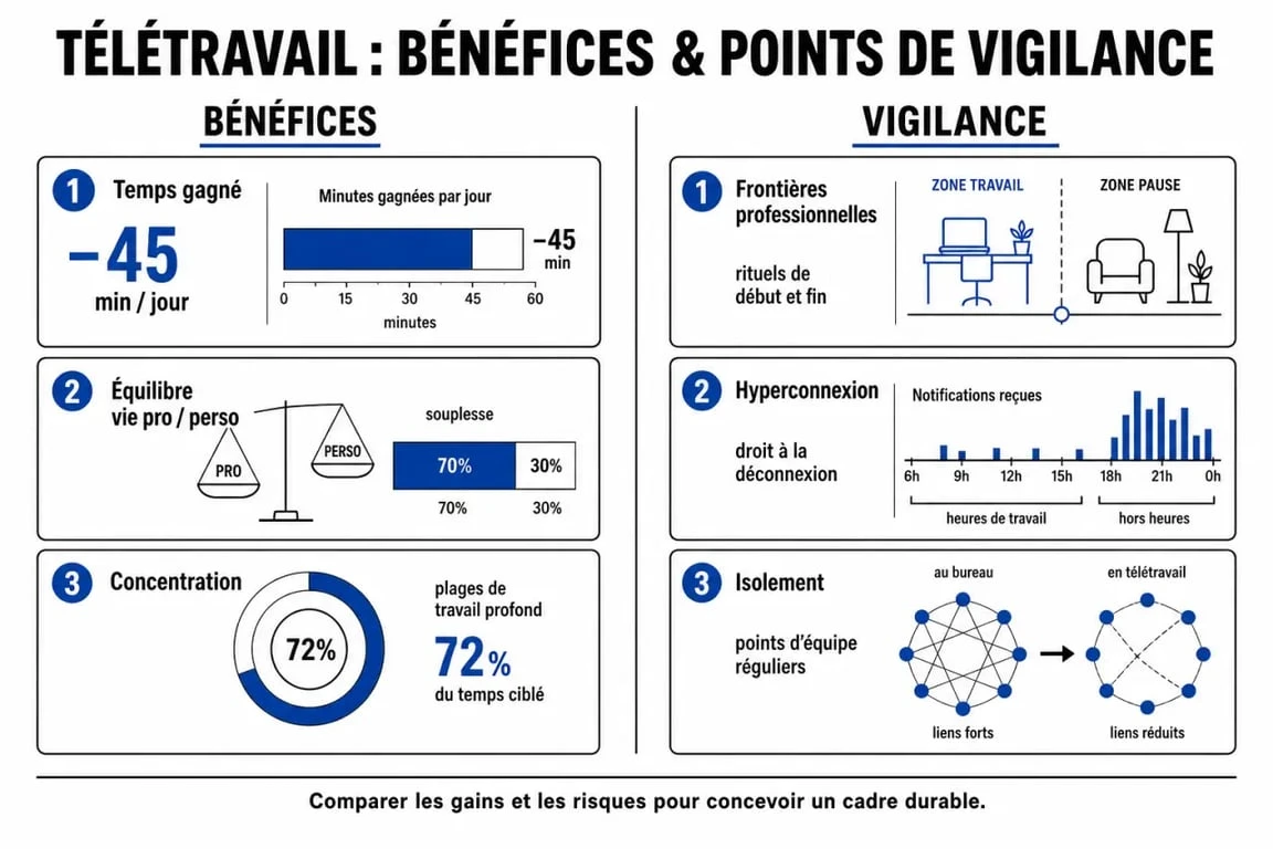 Infographie comparative des avantages et points de vigilance pour une offre emploi télétravail à domicile