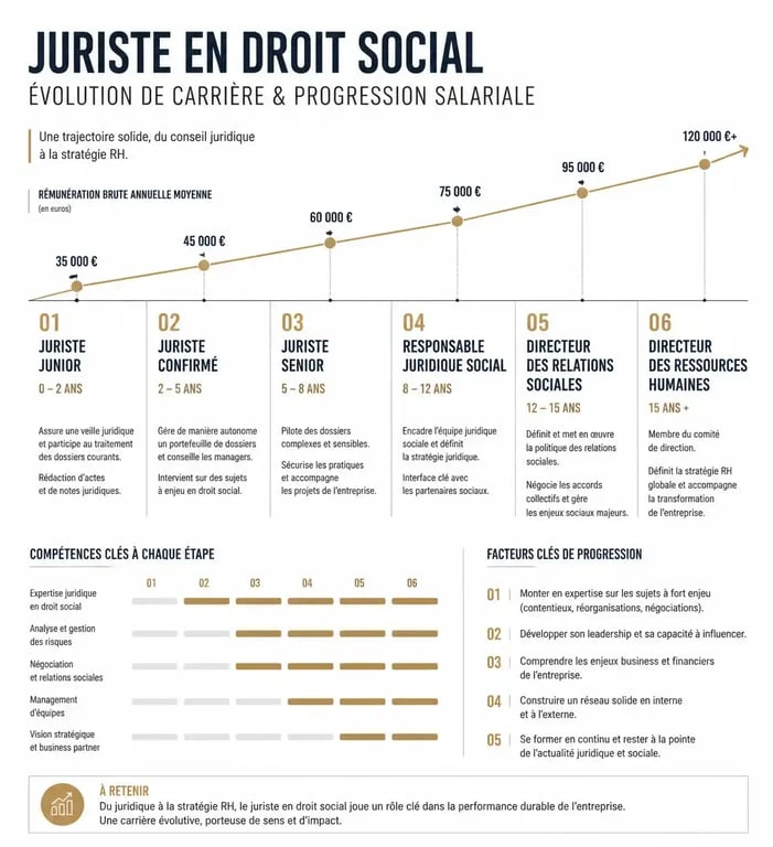 Infographie sur l'évolution de carrière et salaire d'un juriste droit social emploi