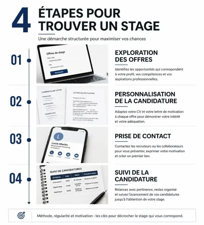 Infographie des 4 étapes pour réussir sa recherche de stage avec 1jeune1stage