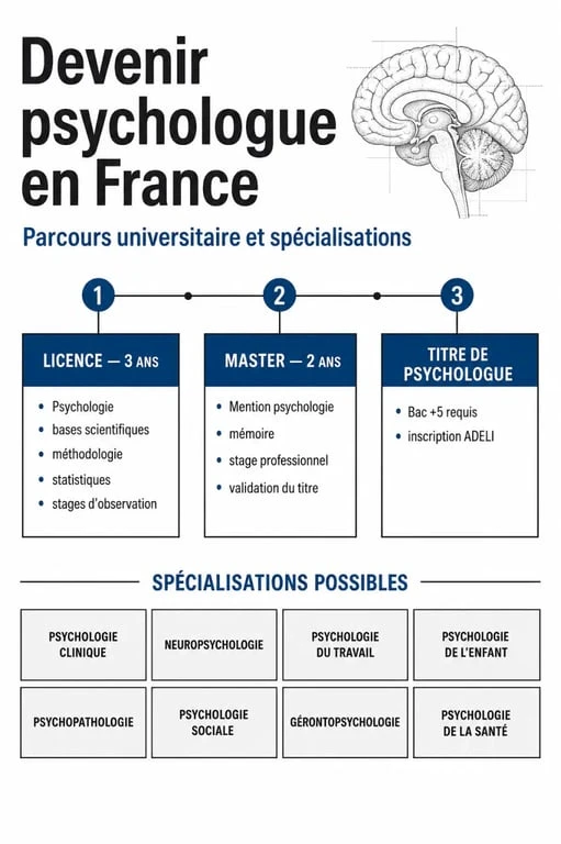 Infographie du parcours d'études pour devenir psychologue en France