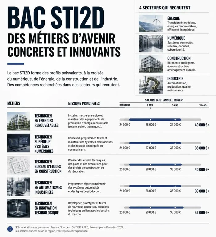 Infographie des métiers bien payés après un bac STI2D et perspectives de salaire
