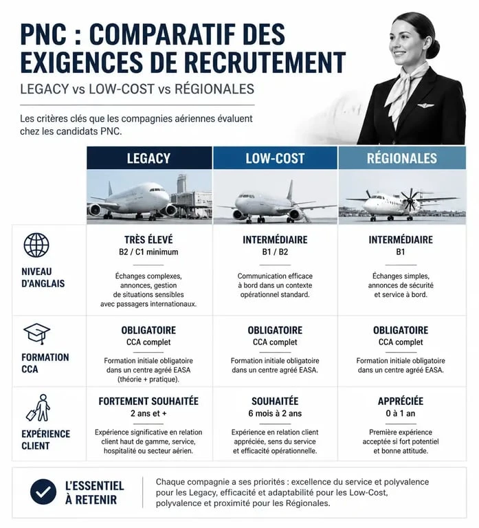 Infographie comparative des critères de recrutement PNC pour les compagnies aériennes