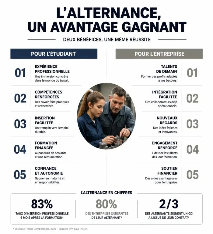Infographie des avantages de l'alternance chez OpenClassrooms pour les étudiants et les entreprises