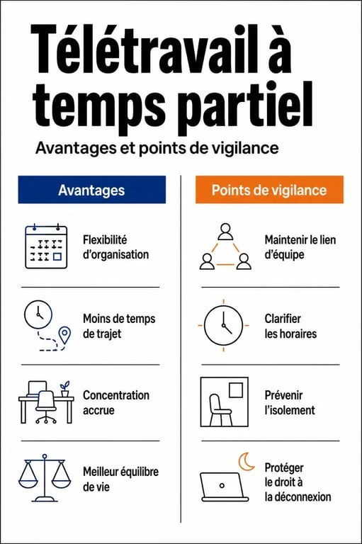Infographie des avantages et points de vigilance du télétravail à temps partiel 100% pour réussir son équilibre vie pro-vie perso.