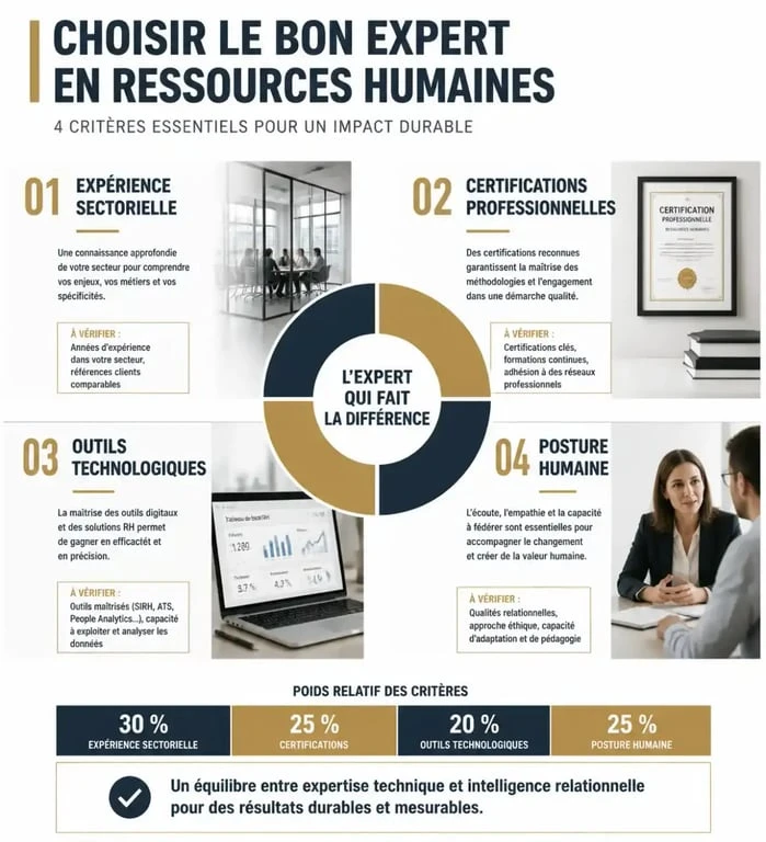Infographie des critères de sélection pour choisir un expert ressources humaines