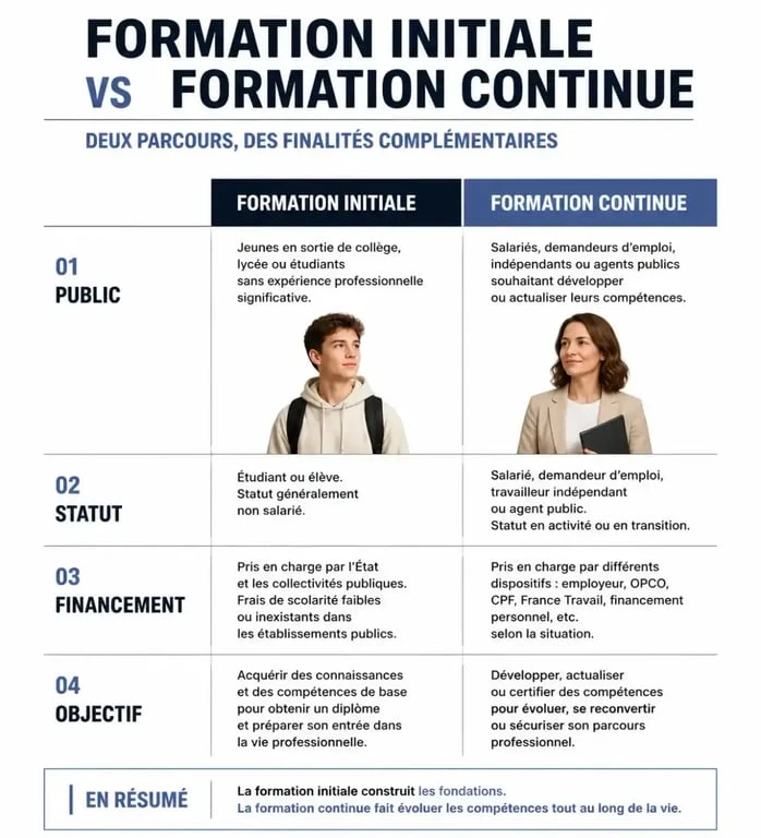 Tableau comparatif entre formation initiale et formation continue pour l'orientation professionnelle