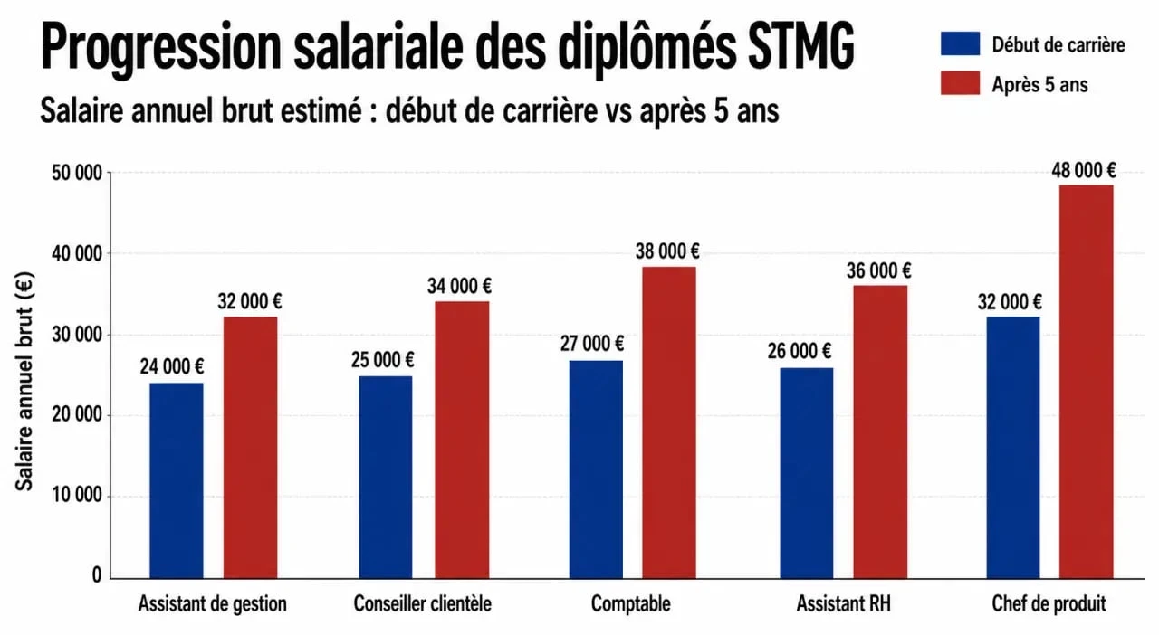Infographie des salaires après un bac STMG par métier et évolution de carrière