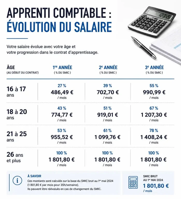 Tableau récapitulatif du salaire d'un apprenti comptable selon l'âge et l'année de formation