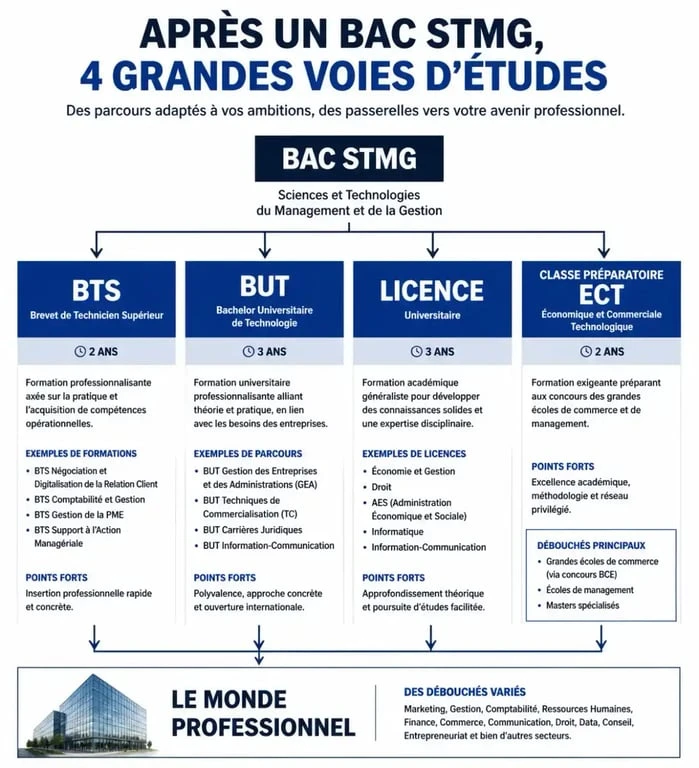 Schéma des débouchés après un bac STMG : BTS, BUT, Licence et CPGE