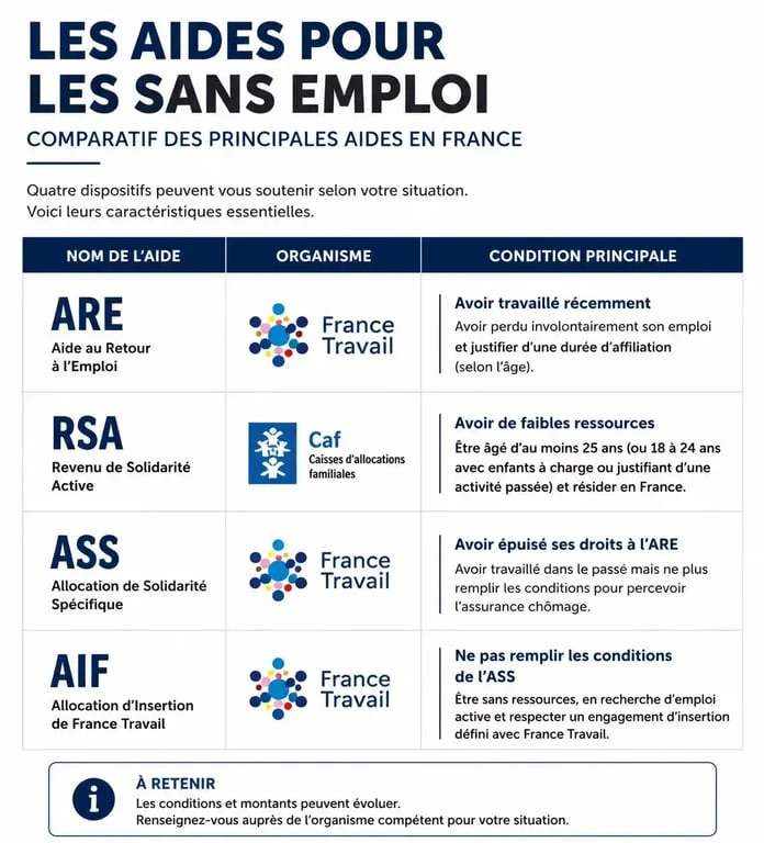 Tableau comparatif des aides pour les sans emploi en France : ARE, RSA, ASS et AIF