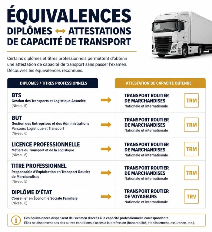Infographie des diplômes permettant l'équivalence pour l'attestation de capacité transport
