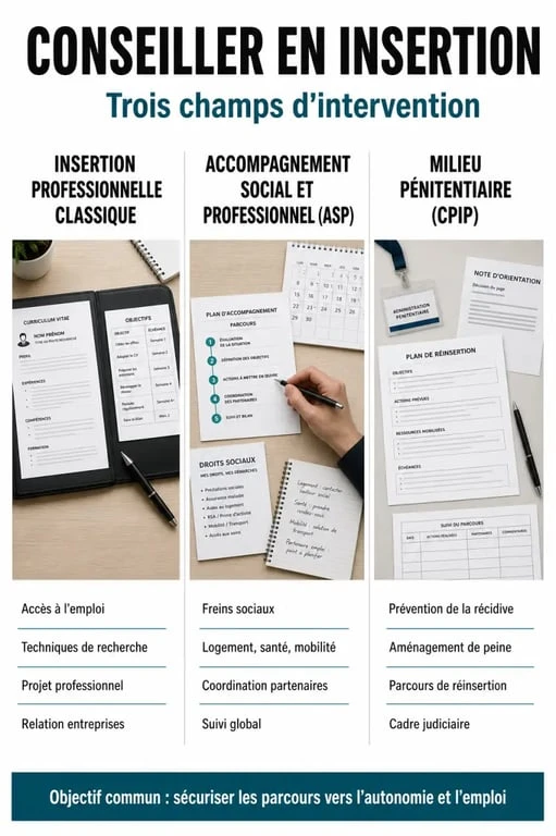 Infographie sur les trois spécialités du métier de conseillère en insertion
