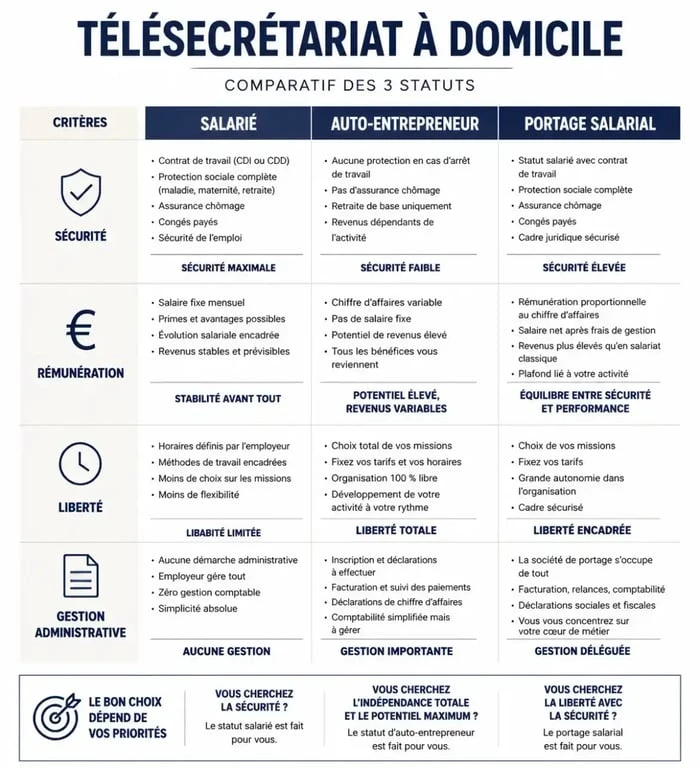 Comparatif des statuts pour télésecrétaire à domicile : salarié, auto-entrepreneur ou portage salarial pour trouver une offre d'emploi