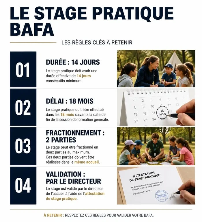 Infographie récapitulative des règles du stage pratique BAFA pour les futurs animateurs