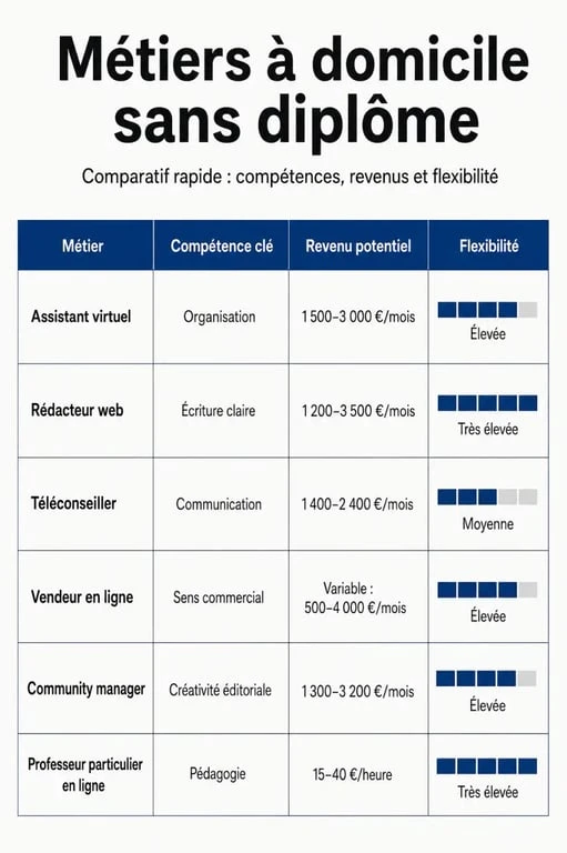 Tableau comparatif des métiers à domicile sans diplôme pour travailler depuis chez soi