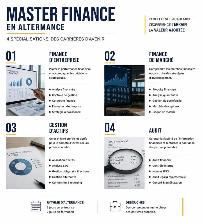 Schéma des spécialisations et débouchés d'un master finance en alternance