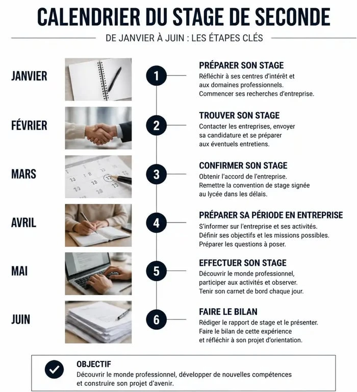 Infographie du calendrier et des étapes pour réussir son stage de seconde
