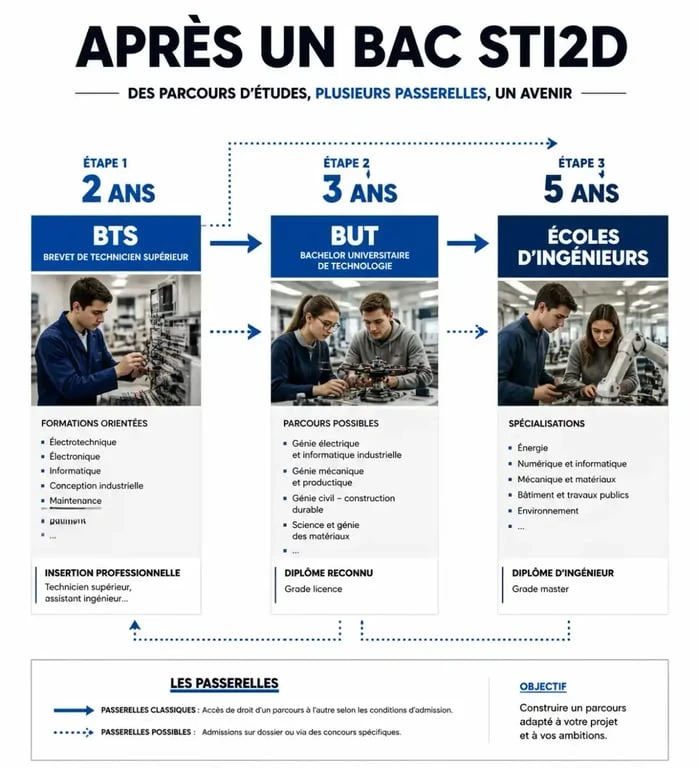 Schéma des parcours d'études et débouchés après un bac STI2D