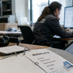 Metier en A : bureau avec classeur et plans d’orientation