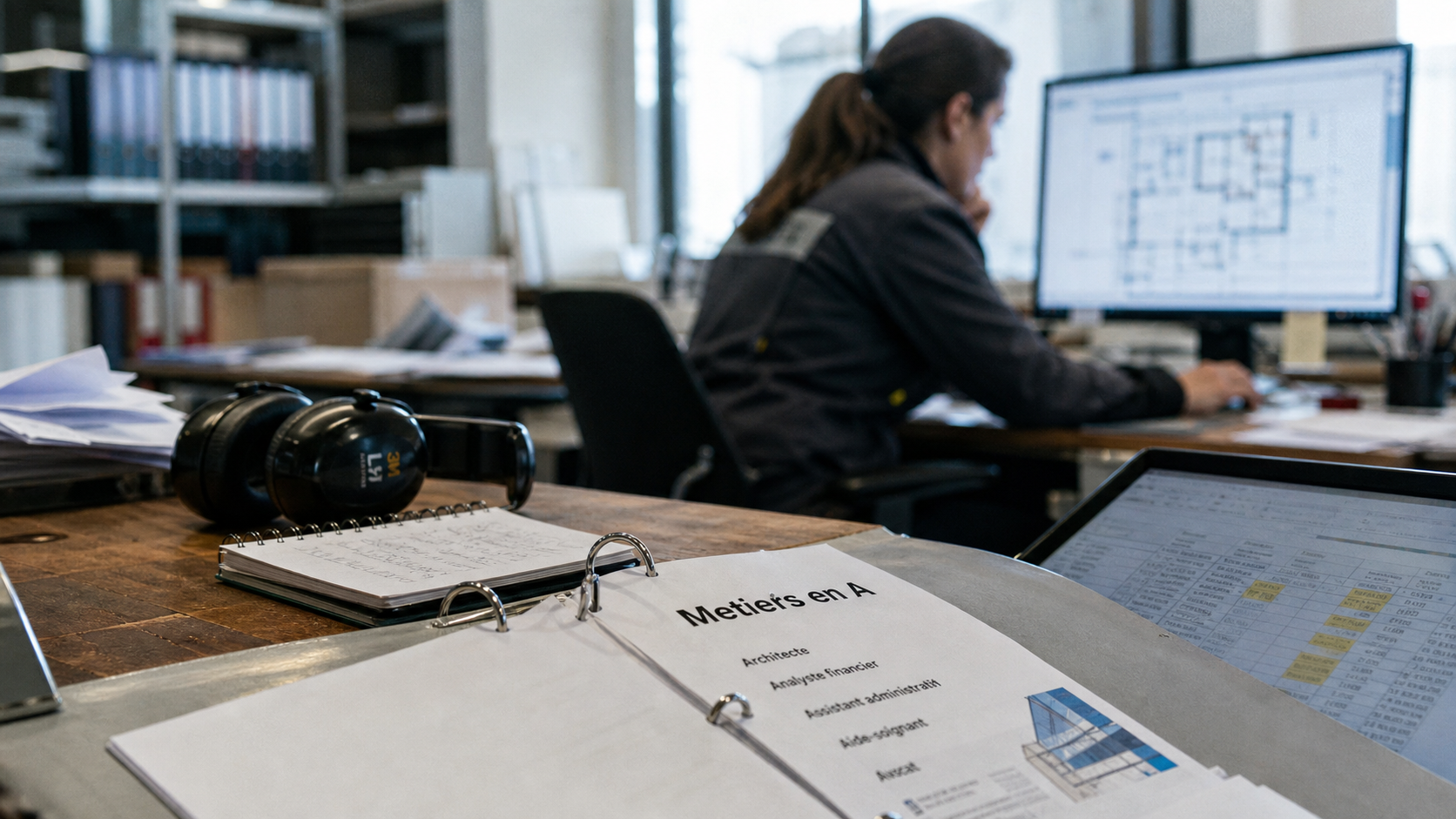 Metier en A : bureau avec classeur et plans d’orientation
