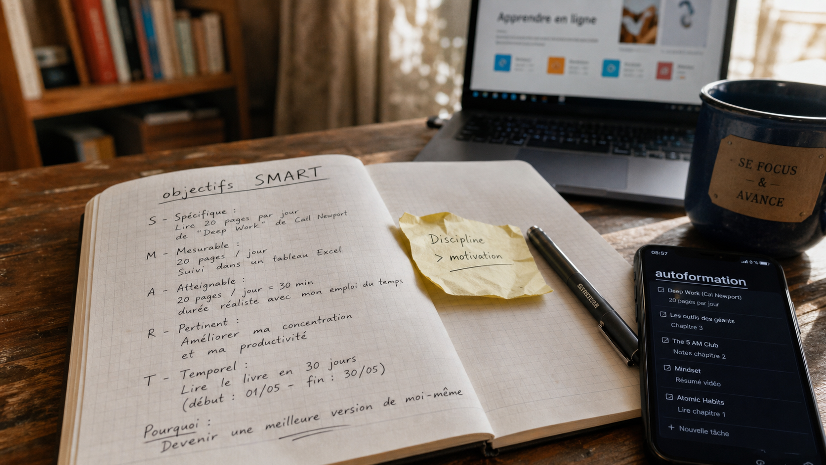 Autoformation : 5 piliers sur un bureau, carnet d’objectifs et e-learning