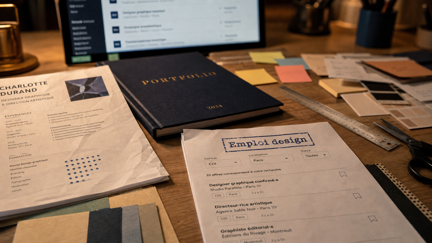 Emploi design : CV et filtres d’offres sur bureau de studio