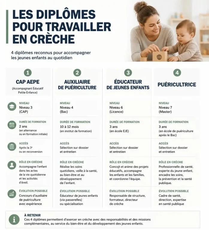 Infographie des diplômes et formations pour travailler en crèche et petite enfance