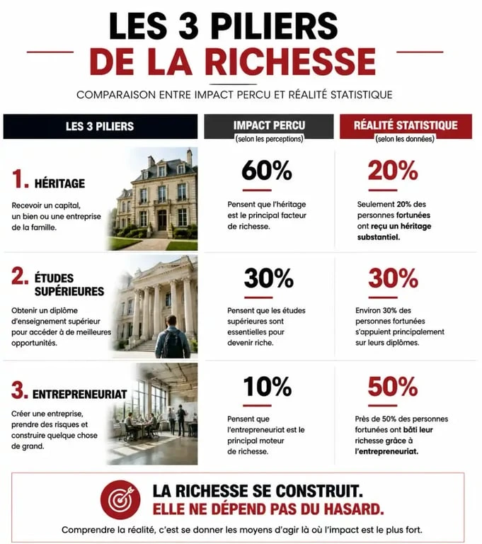 Infographie sur les facteurs de réussite professionnelle et les métiers pour devenir riche