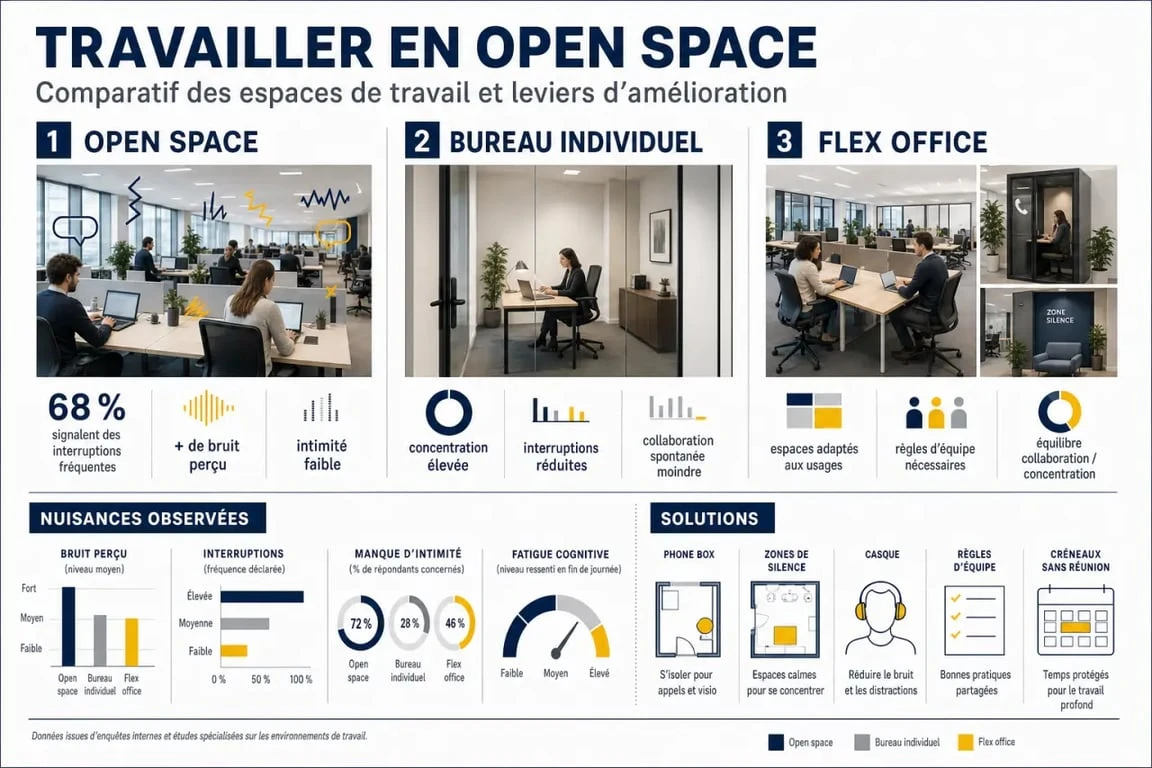 Travailler en open space : comparaison visuelle des avantages, limites et bonnes pratiques