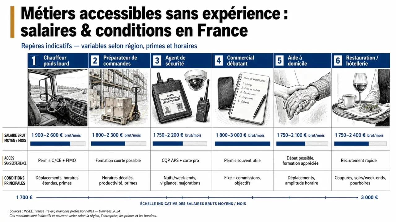 Infographie sur l'emploi sans experience bien payé avec les métiers accessibles, les salaires indicatifs et les conditions d'accès