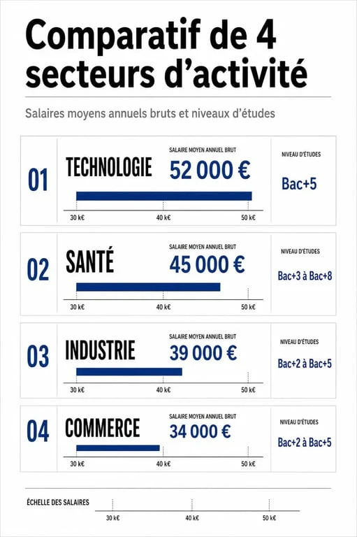 Infographie comparative des métiers intéressants : secteurs, salaires et niveaux d'études pour bien choisir son orientation professionnelle.
