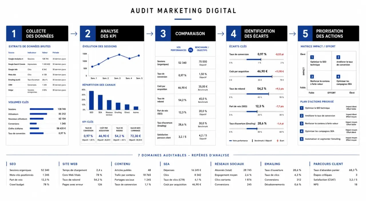 Audit marketing digital : schéma des 5 étapes et des 7 domaines à analyser