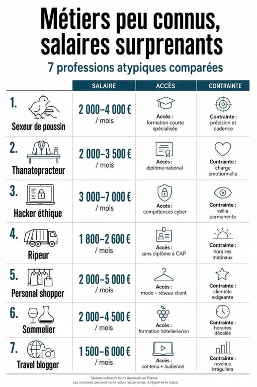 Infographie sur les métiers peu connu bien payé avec comparaison des salaires, de l’accès et des contraintes