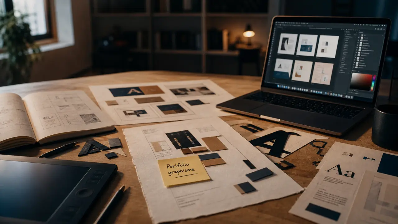 Etude de graphisme : portfolio et UI/UX sur table de travail