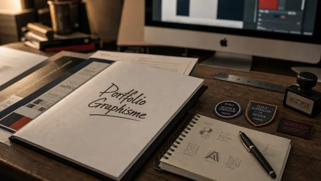 Etude de graphisme : portfolio ouvert et maquette typographique sur table