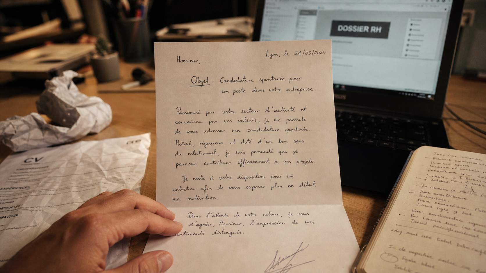 Exemple lettre de motivation pour candidature spontanée : modèle court sur bureau