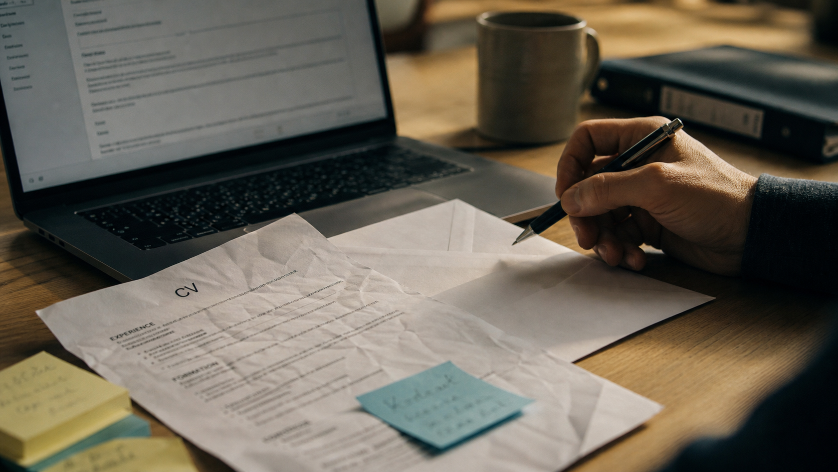 Exemple mail pour candidature spontanée : main et CV sur bureau