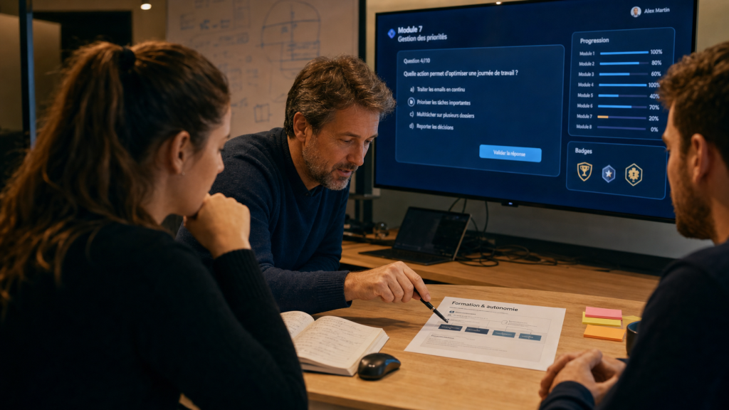 Formateur informatique guidant des apprenants : formation numérique et autonomie