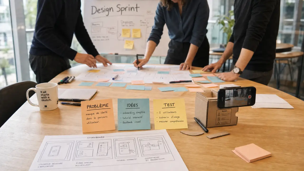 Formation design sprint en workshop avec post-it et prototype
