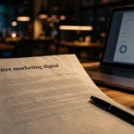 Lettre de motivation marketing digital sur table avec café et analytics