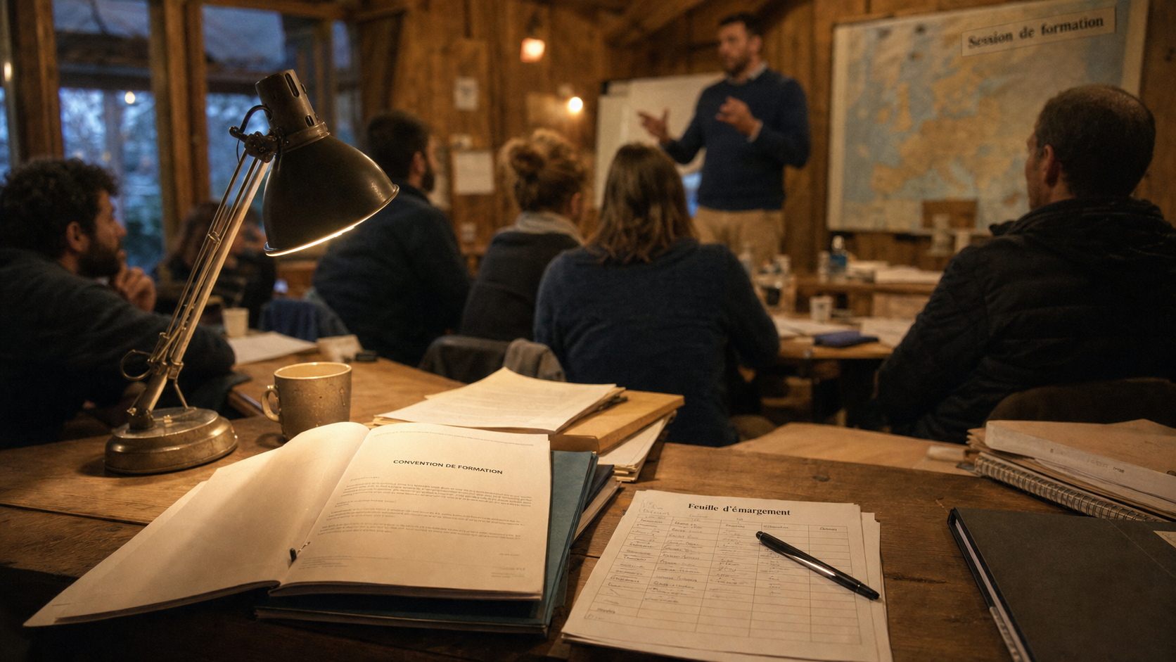 Session de formation en salle, formateur et participants