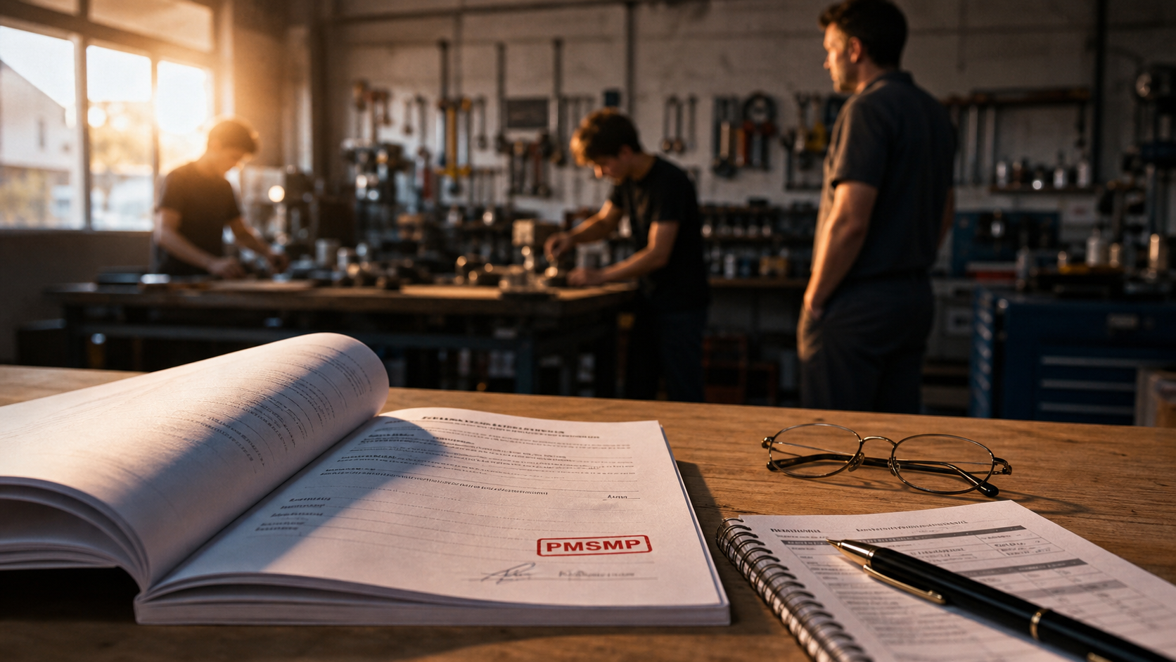 Stage immersion PMSMP : carnet et tampon sur bureau, tuteur en arrière-plan