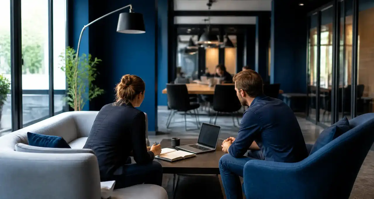 Discussion de mentorat professionnel dans un espace de coworking moderne