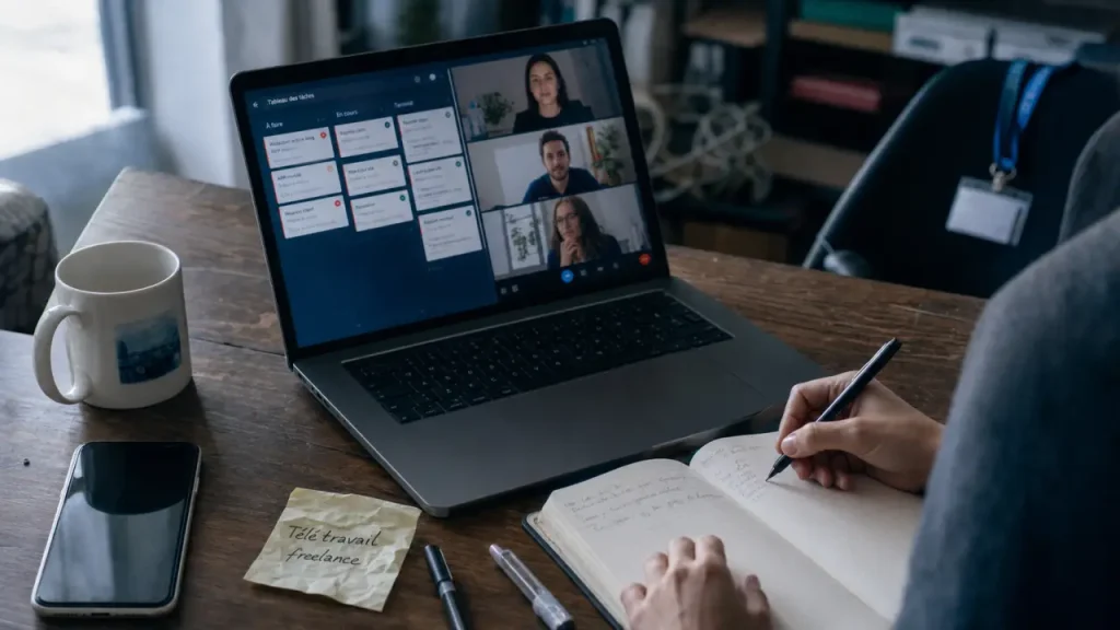 Teletravail en ligne freelance : ordinateur, visio et tâches