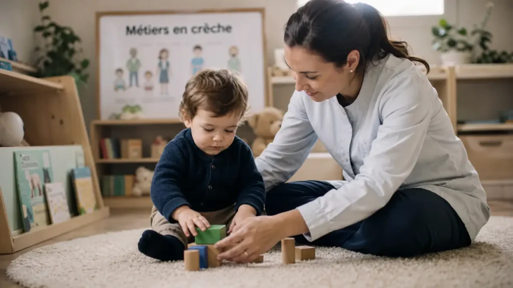 Travailler en crèche formation : éducatrice aide un enfant à jouer