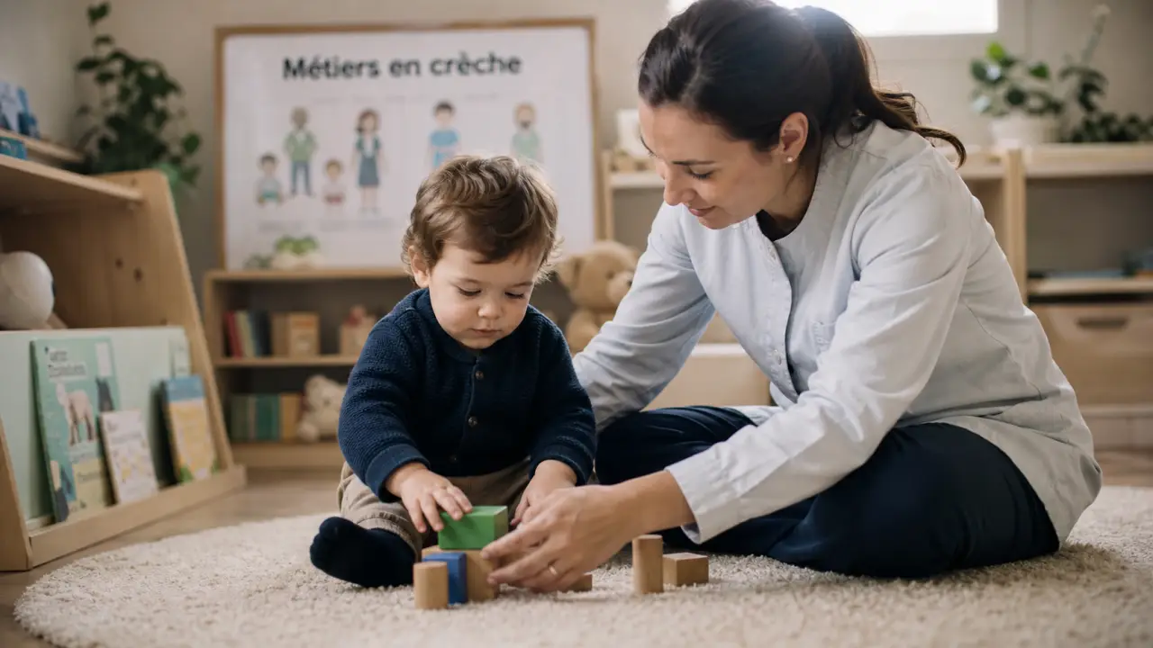Travailler en crèche formation : éducatrice aide un enfant à jouer
