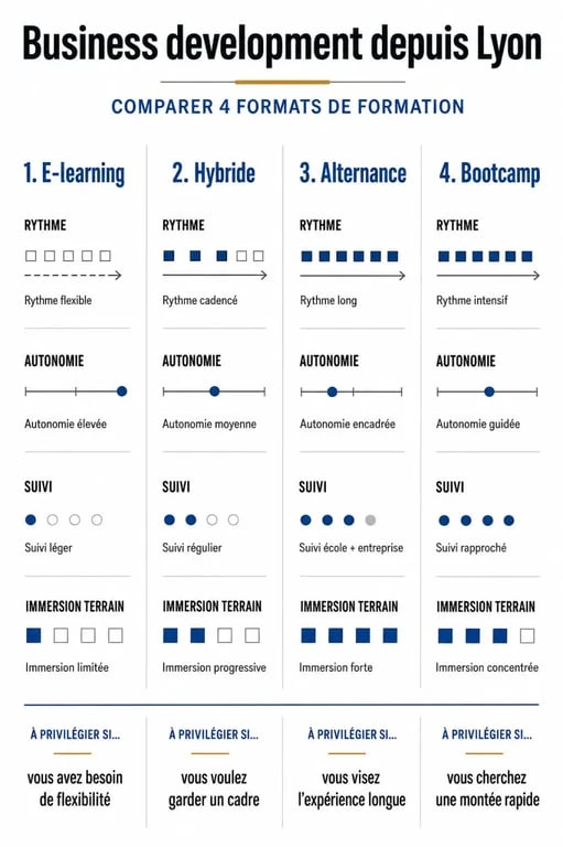 Comparatif e learning business developper lyon des formats e-learning, hybride, alternance et bootcamp
