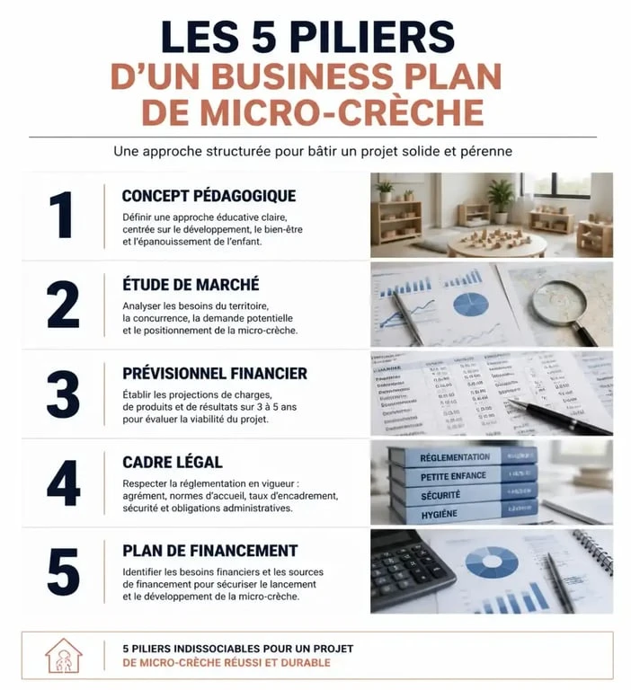Infographie des étapes clés pour réussir son business plan micro-crèche